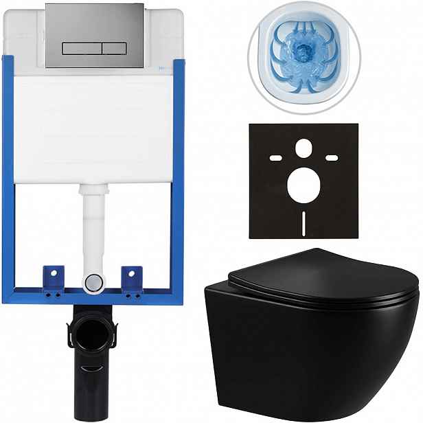 Kompletní WC set Profi/Cesso - černá lesklá - WC tlačítko Slim/Tmavě šedá - pro zazdění - 49x36 cm