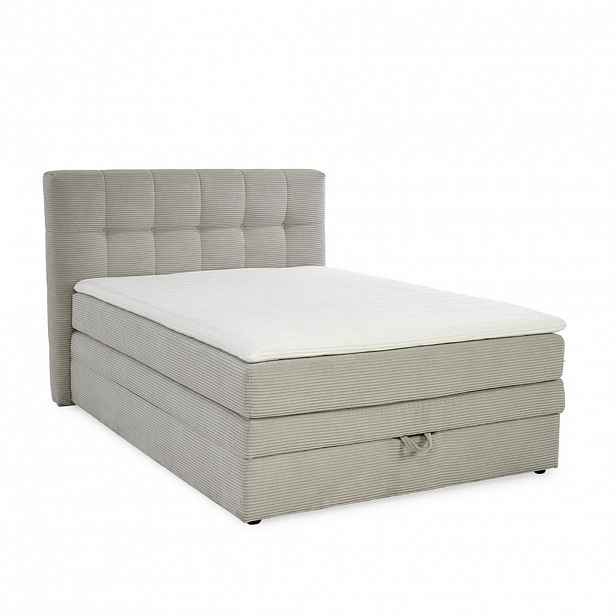 luma-home POSTEL s boxspringem 140 × 200 cm, 7zónová matrace s kapesními pružinami typu „tonneau“ H3, topper, manšestr béžovo-šedý / 20036