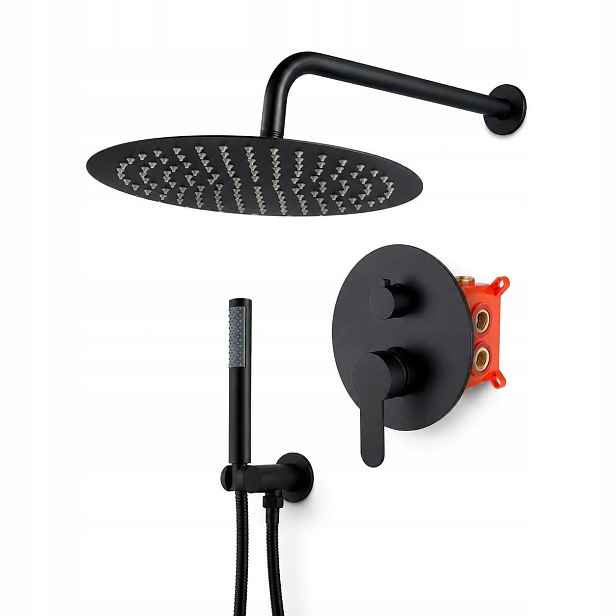 Černý matný sprchový set s podomítkovou baterií, dešťová sprcha, kulatá