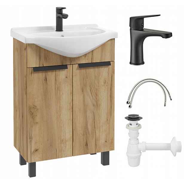Sada koupelnové skříňky dub craft s umyvadlem, baterií a sifonem 85x60x30 cm