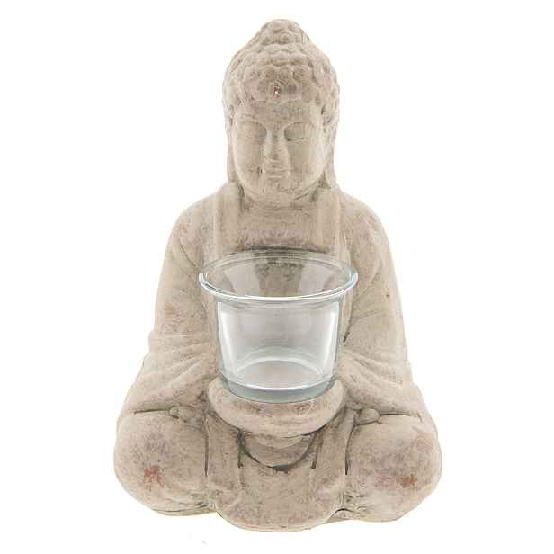 Šedý teracottový svícen budha na čajovou svíčku - 13*11*21 cm Clayre & Eef