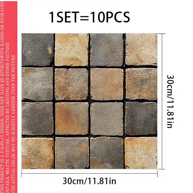 TEMU Balení 10 listů velkých 2D PVC plochých samolepicích vinylových podlahových samolepek o rozměrech 11,81 x 11,81 palců s retro cihlovou texturou,