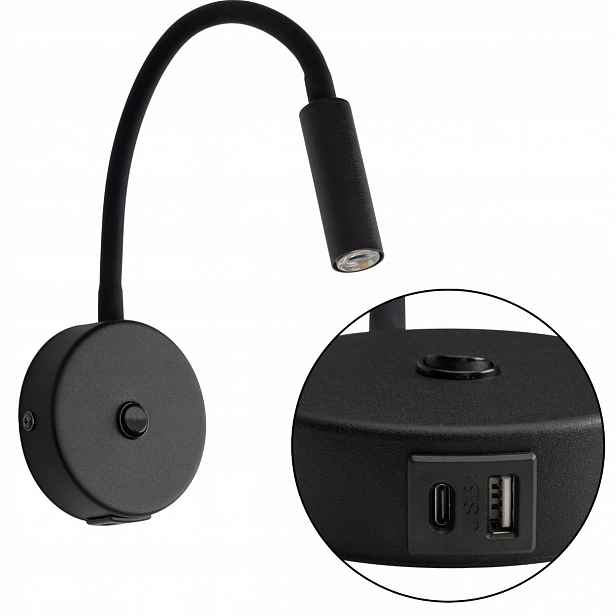 Nástěnná lampa Černá G9 s vypínačem, Usb port, nastavitelné rameno, nástěnná lampa