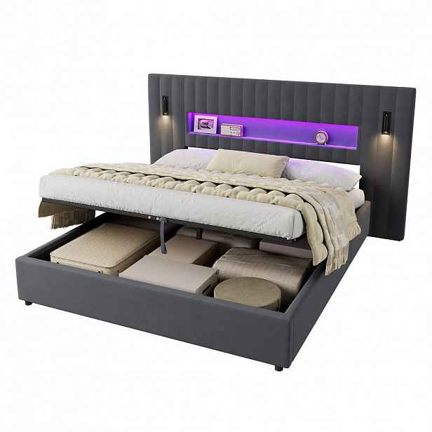 OKWISH ČALOUNĚNÁ postel 180/200 cm tmavě šedá ze sametu s hydraulickým úložným prostorem a LED čtecím světlem
