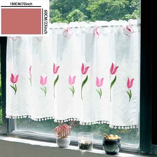 TEMU 1ks Klasická Růžová Tulipánová Vyšívaná Průsvitná Závěs, UV-odolný Polyester s Kapsou na Tyč, Okenní Závěsy pro Obývací Pokoj a Kuchyň, Pouze