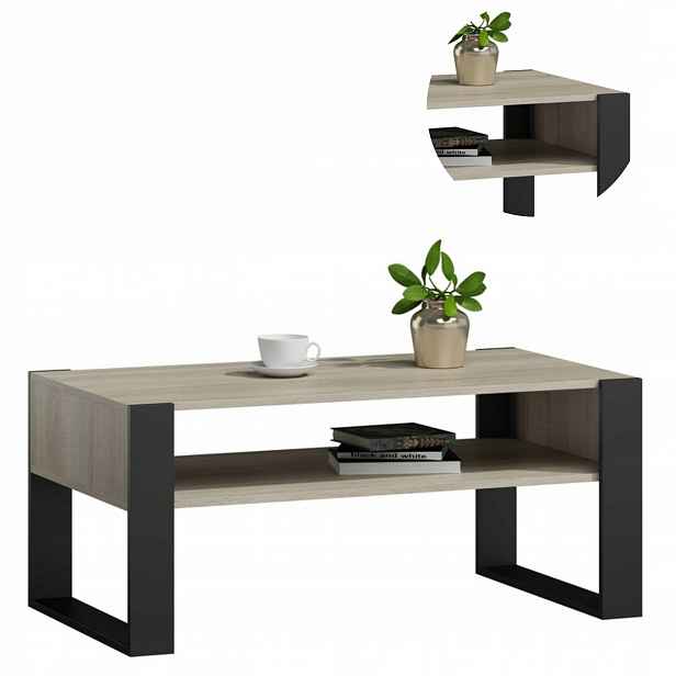 Lavice Kaja sonoma-černá, moderní konferenční stolek, 100 cm, stůl s poličkou, loft