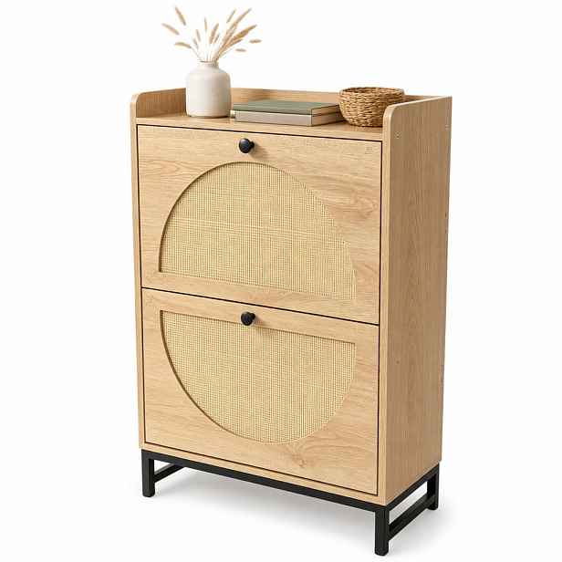 Relaxdays BOTNÍK přírodní ratanový vzhled 2 výklopy kovové nohy 90 cm
