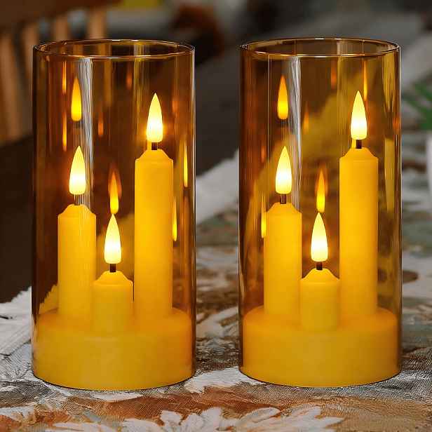 TEMU 2ks LED blikající sloupkové svíčky, tříknotové bezplamenné LED sloupkové svíčky, zlatošedá realistická blikající sada LED svíček na baterie,
