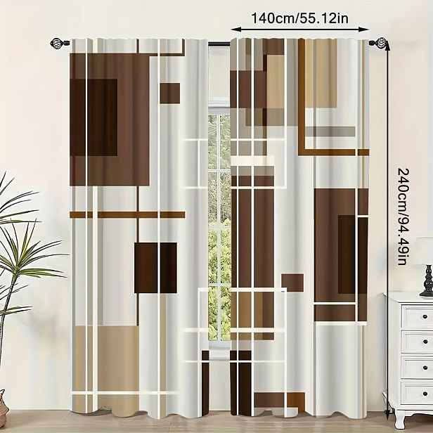 TEMU 2ks Moderní Geometrické Hnědé Závěsy s Čtvercovým Potiskem, 100% Polyester, Svetloprohánějící, Kapsou na Tyč pro Obývací Pokoj Ložnici, Pratelné