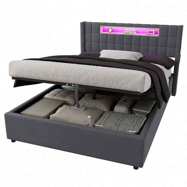 OKWISH ČALOUNĚNÁ postel 140/200 cm tmavě šedá ze sametu s hydraulickým úložným prostorem a LED osvětlením