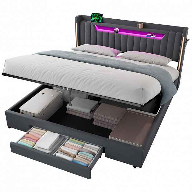 OKWISH ČALOUNĚNÁ postel 180/200 cm tmavě šedá ze sametu, dřeva a kovu s hydraulickým úložným prostorem a LED osvětlením