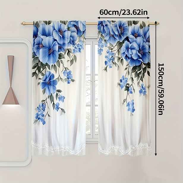 TEMU 2ks Elegantní Závěsy s Modrým Květinovým Potiskem - Extra Velké, Světlo Propouštějící Polyester s Jemným Krajkovým Lemem, Kapsou na Tyč pro