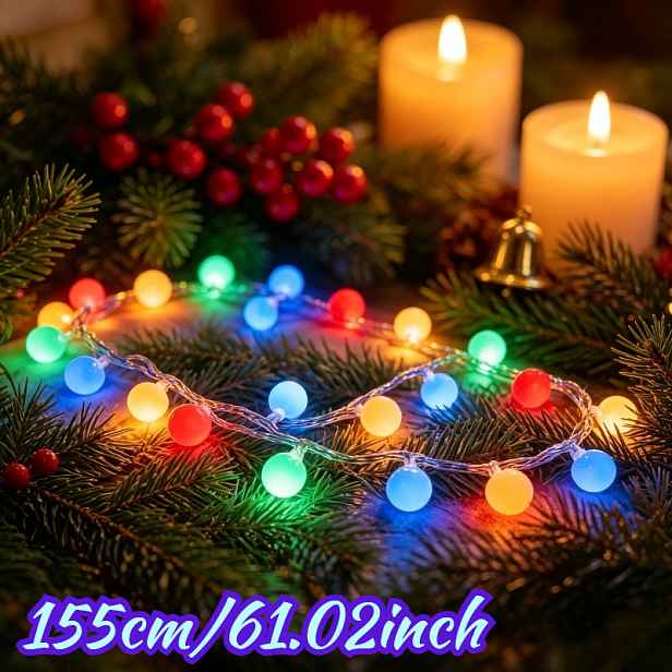 TEMU 155 cm / 61,02 palce Ultra dlouhé vánoční barevné kulaté řetězové světelné dekorace, vícebarevné RGB kulaté žárovkové pohádkové světla, napájené