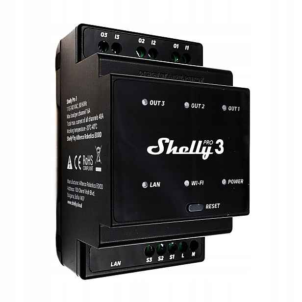 Shelly 3-kanálový relé zařízení 110-240V na Din lištu Shelly Pro 3