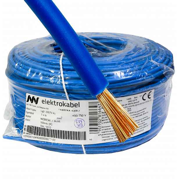 Kabel Lgy 1x 6mm modrý Elektrokabel 750V 100m