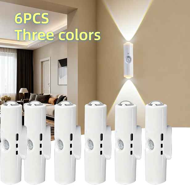 TEMU 6ks balení LED svítidlo s pohybovým čidlem do interiéru, design kočičího oka s dvojitou hlavou, 3barevné nastavitelné/RGB osvětlení, USB