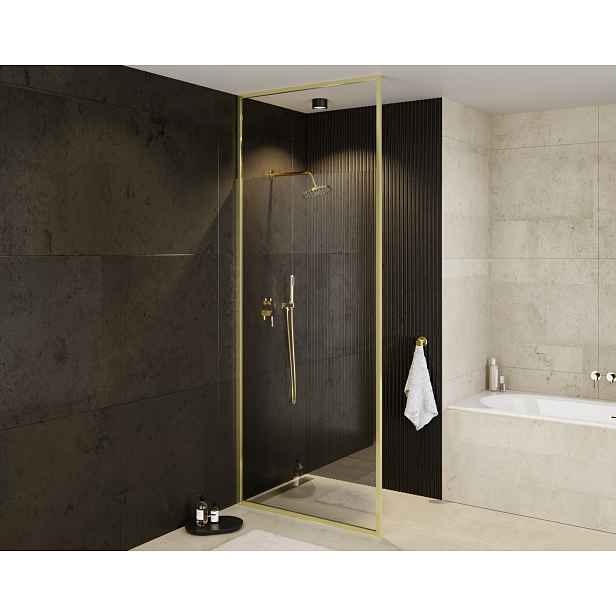 BESCO Walk-in sprchový kout ICON GOLD — Barva rámu - Zlatá, Rozměr A - 120, Rozměr C - 200, Výplň - Čiré bezpečnostní sklo - 8 mm