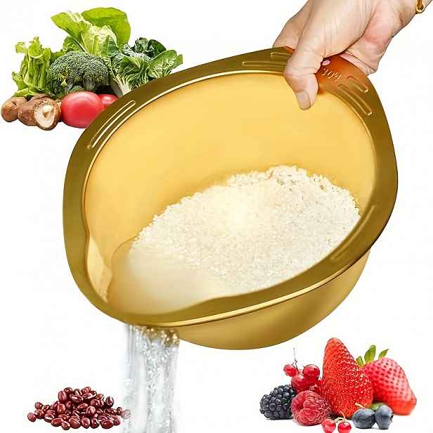 TEMU 1 ks Zlatá miska na mytí rýže, kuchyňské nářadí, nerezová miska na mytí s bočními odkapávači, cedník na mytí quinoa, ovoce, zeleniny, fazolí a