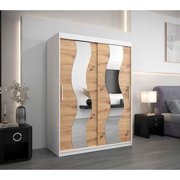 Šatní skříň se zrcadly IRMA - šířka 150 cm, bílá / dub artisan