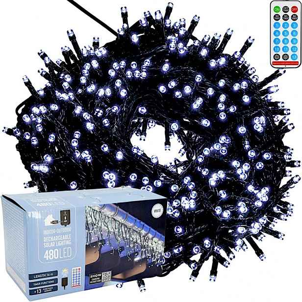 Solární Světelný Řetěz 480 Led, 13 Funkcí, Usb, Studená Bílá Koopman