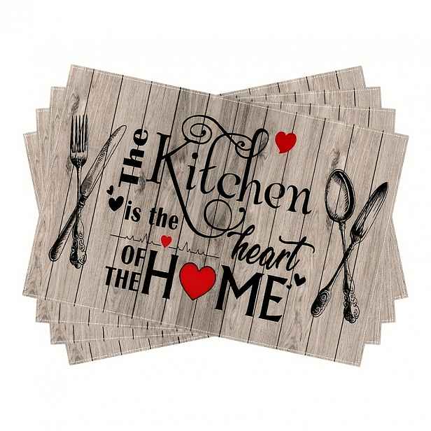 TEMU Sada 4 rustikálních kuchyňských podložek s texturou dřeva a potiskem "Kuchyně je srdce", 100% polyester, rozměr 45*30 cm, vhodné do domácí
