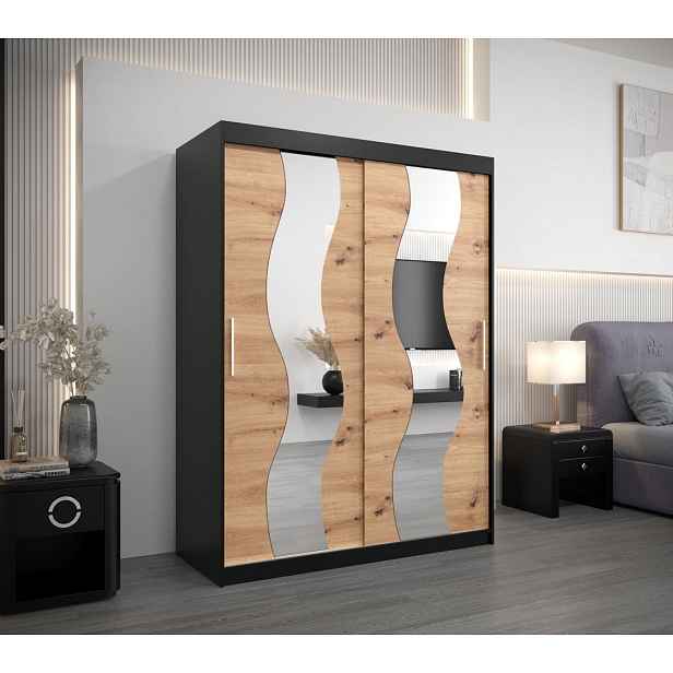 Šatní skříň se zrcadly IRMA - šířka 150 cm, černá / dub artisan