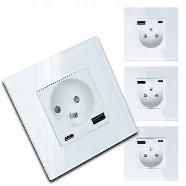 4x Skleněná Bílá Elektrická Zásuvka Kontakt Nástěnná Usb Nabíječka