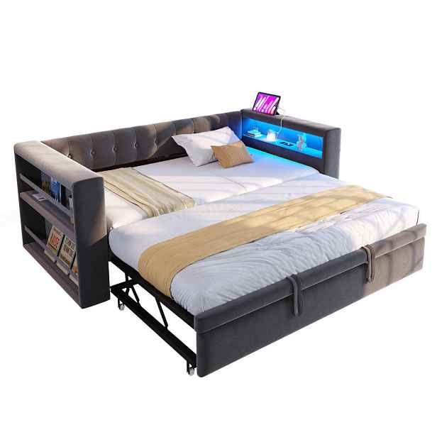 Redom ROZKLÁDACÍ postel 90/180 x 190 cm s LED osvětlením, zásuvkou a úložnými područkami, Tmavě šedá