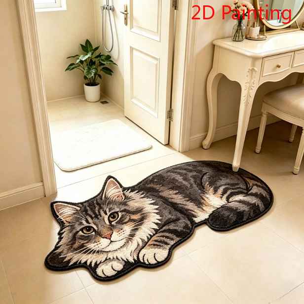 TEMU Sametová vstupní rohož 900g+9mm [2D plochá] tenký samet s 3D efektem, neplyšová, americká retro, simulace Maine Coon, koberec do obývacího