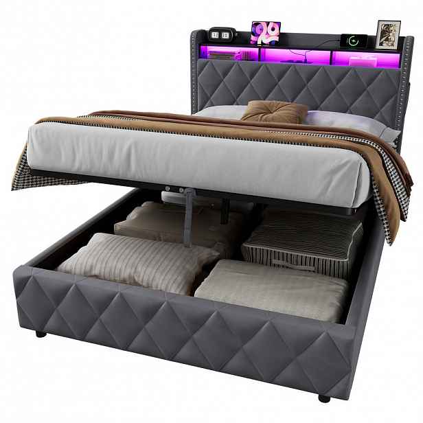 OKWISH ČALOUNĚNÁ postel 140/200 cm tmavě šedá ze sametu, dřeva a kovu s hydraulickým úložným prostorem, LED osvětlením a nabíjecími konektory