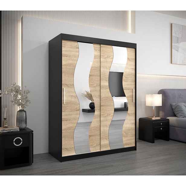 Šatní skříň se zrcadly IRMA - šířka 150 cm, černá / dub sonoma