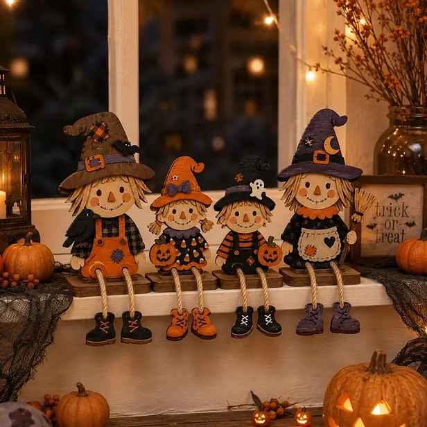 TEMU Dřevěná sada s halloweenským strašákem, podzimní dekorace s čarodějnicí a dýní, rustikální dekorace na krbovou římsu a stůl ve stylu venkovského