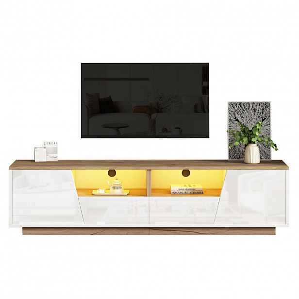 Modfu TV stolek z dřevotřísky 180x40x46 cm bílý v dekoru dřeva s LED osvětlením, 2 zásuvkami, 2 dvířky a vysokým leskem
