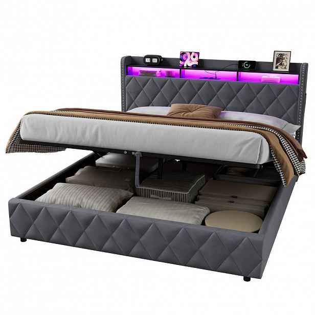 OKWISH ČALOUNĚNÁ postel 180/200 cm tmavě šedá ze sametu, dřeva a kovu s LED osvětlením, úložným prostorem a nabíjecími konektory