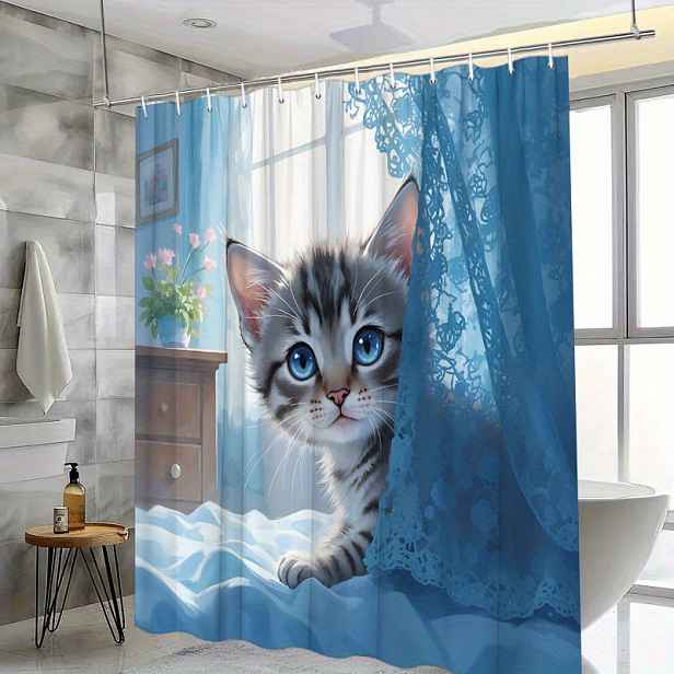 TEMU 1ks Zábavný Potisk Domácí Dekorace s Kočičího Kotěte, které se Pokukuje Skrz Modrý Závoj do Vany 180x180cm s 12 Háčky