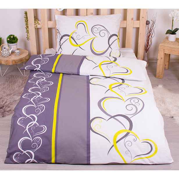 TP Prodloužené bavlněné povlečení 140x220+70x90 - Srdce žluto-zelená