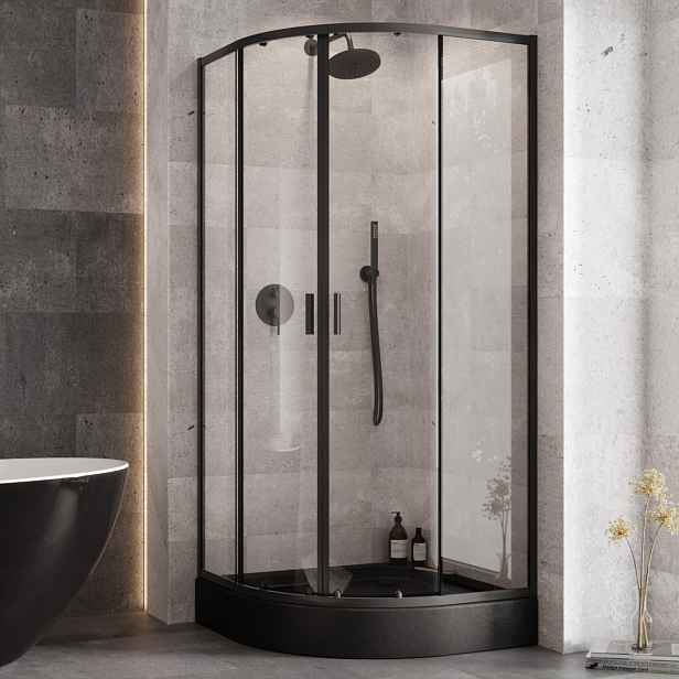 BESCO Set čtvrtkruhový kout ZARYA BLACK + vanička ALEX STONE EFFECT — Barva rámu - Černá, Rozměr A - 90, Rozměr B - 90, Výplň - Čiré bezpečnostní sklo - 5 mm