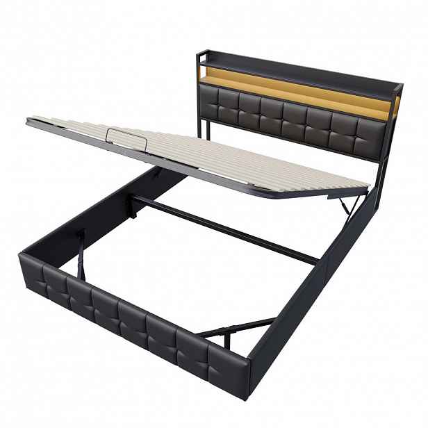 SHOPENTRA ČALOUNĚNÁ postel 140x200 cm Černá PU LED USB Bedbox