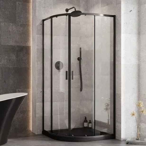BESCO Set čtvrtkruhový kout ZARYA BLACK + vanička AXIM STONE EFFECT — Barva rámu - Černá, Rozměr A - 80, Rozměr B - 80, Výplň - Čiré bezpečnostní sklo - 5 mm