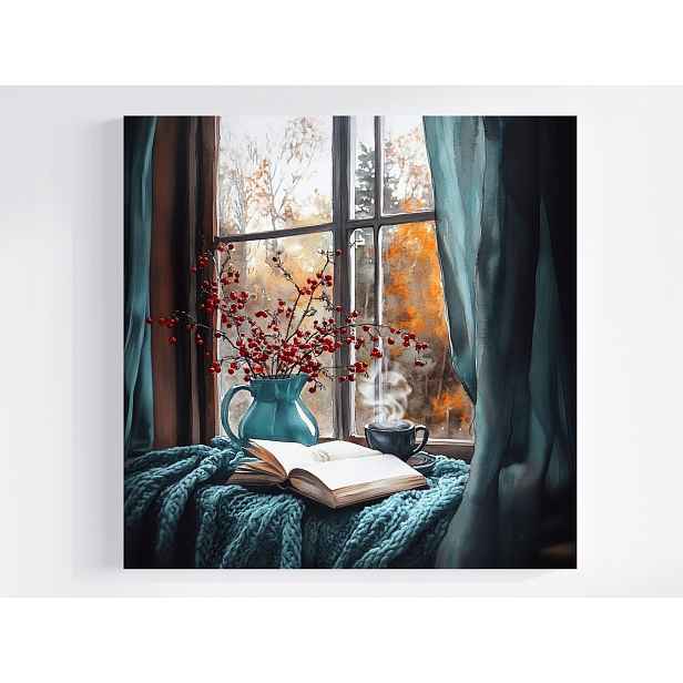 Obraz Na Plátně Canvas Okno Podzimní Deka Kniha Čaj Relaxace Pohled 50x50