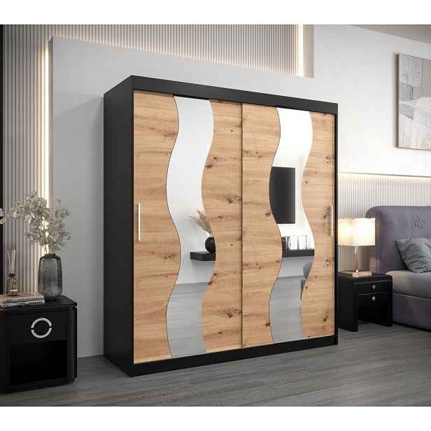 Skříň s posuvnými dveřmi LINA - šířka 180 cm, černá / dub artisan
