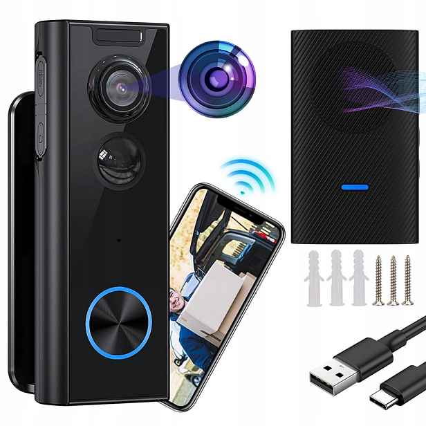 Bezdrátový Zvonek Videokamera Interkom Bluetooth Hd IP65 Černý