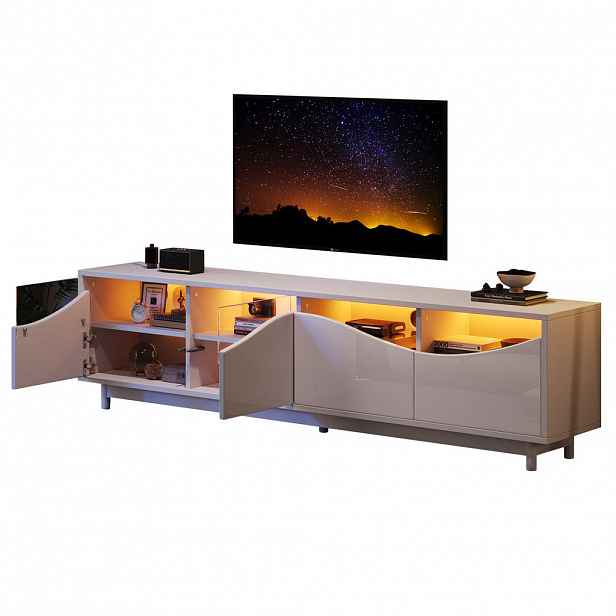 Modfu TV stolek z MDF 175x51x38 cm bílý s LED osvětlením, push-open dvířky a vysokým leskem