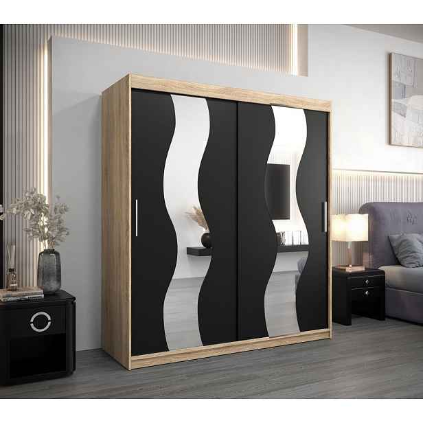 Skříň s posuvnými dveřmi LINA - šířka 180 cm, dub sonoma / černá