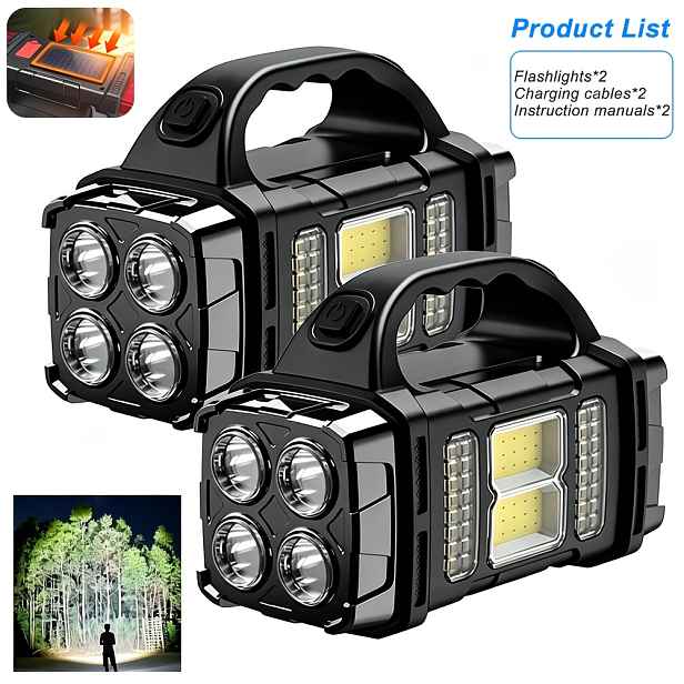 TEMU 2ks Multifunkční Solární Svítilna, 4 LED + COB Kempingové Světlo, Režimy Bílá/Teplá Bílá, Podporuje Solární a USB Nabíjení, Ruční Svítilna,