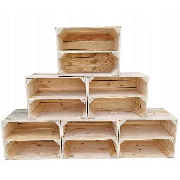6 x přírodní dřevěné krabice s dlouhou policí, 39x29x24 cm, loftové organizéry