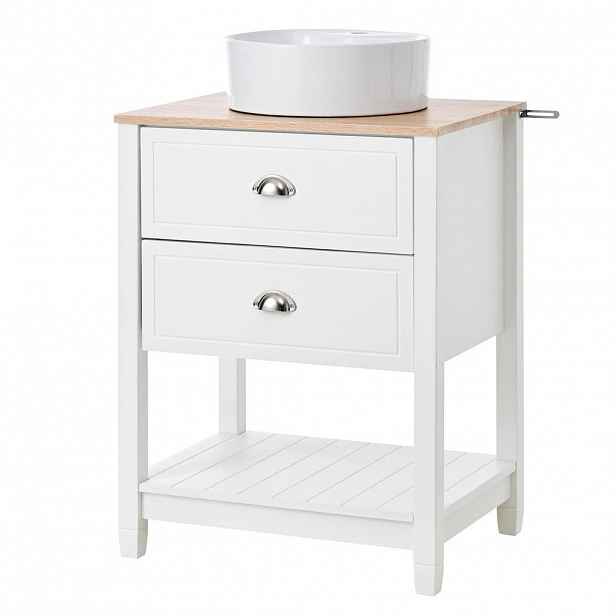 Modfu KOUPELNOVÁ skříňka s umyvadlem z MDF a keramiky 60x45x91 cm bílá a přírodní s 2 zásuvkami a otevřeným prostorem