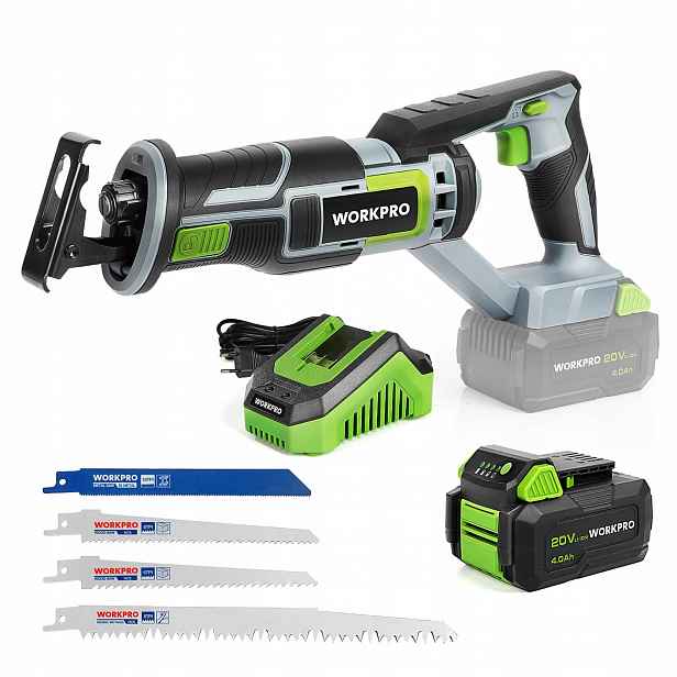 Workpro Akumulátorová šavlová pila 20 V, 4,0 Ah, pro dřevo a kov