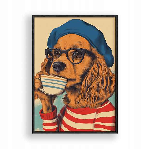 Obraz Pes s kávou v retro stylu Plakát Rámeček Dřevěný Černý 30x42 cm