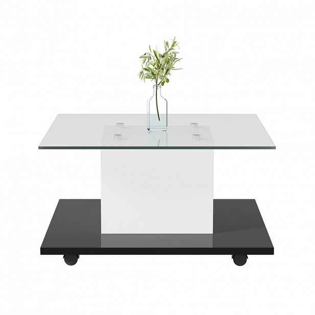 STILVORA KONFERENČNÍ STŮL v bílé a černé barvě s lesklým sklem a otočnými kolečky, 80×80×40 cm